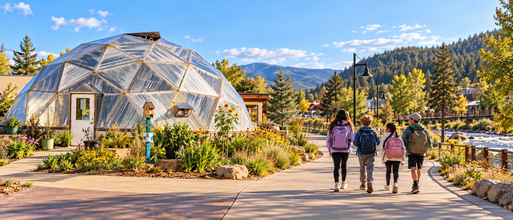Children walking together on a paved riverside path in a Colorado mountain town